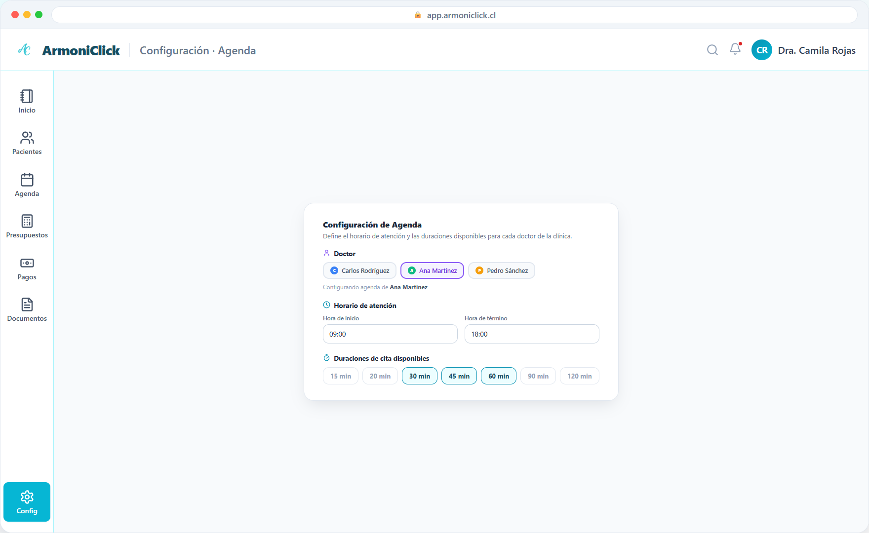 Configuración de agenda con selector de doctor, horario de atención y duraciones de cita