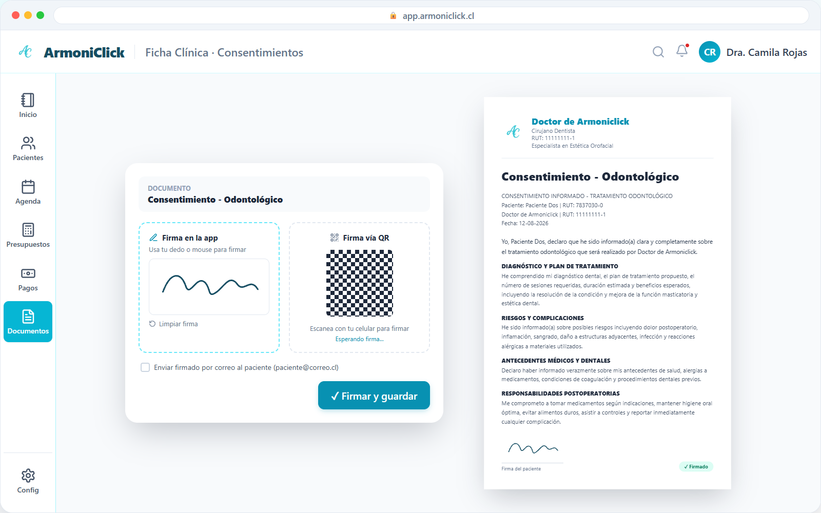Consentimiento informado odontológico con firma digital y documento PDF