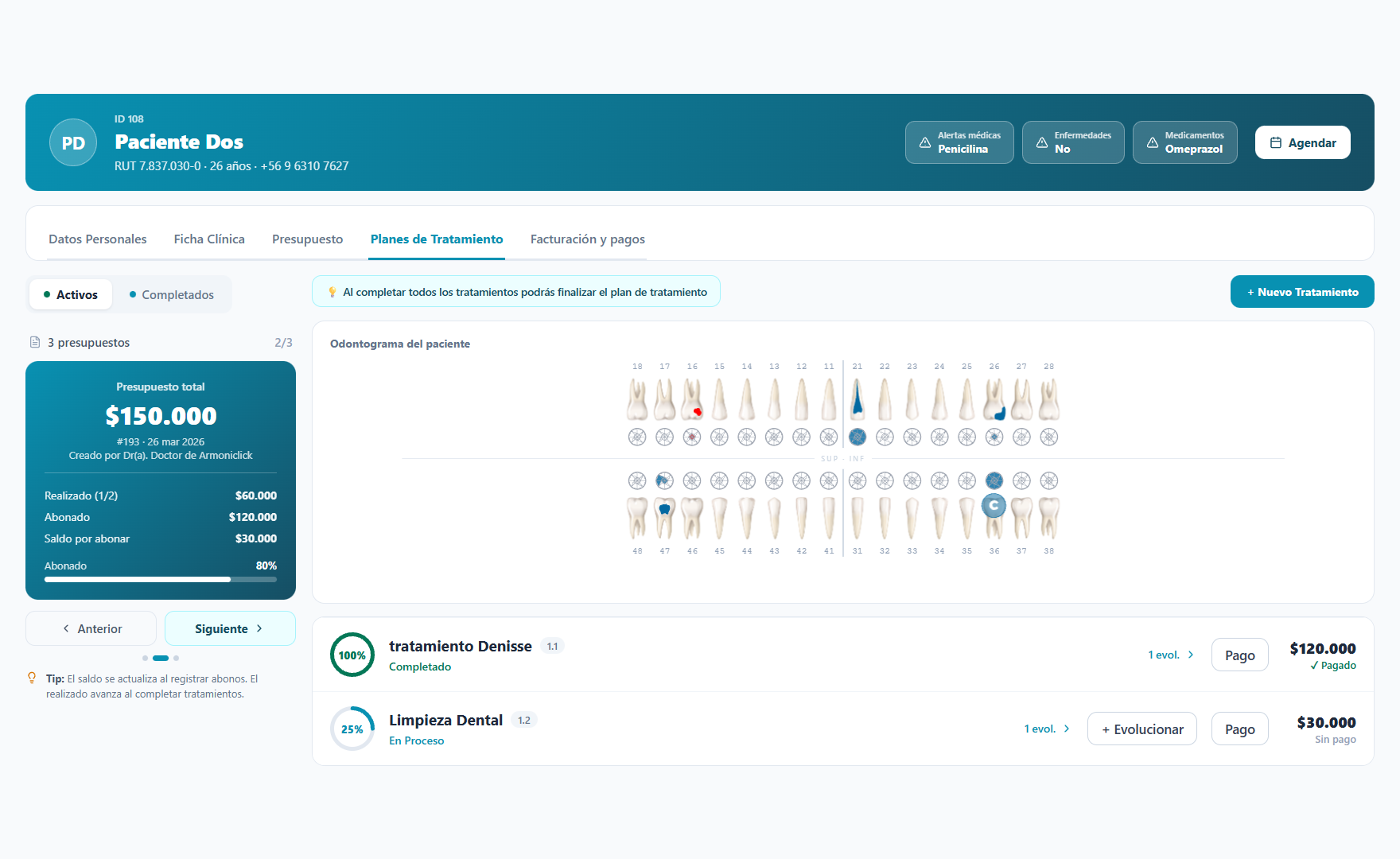 Odontograma digital de 32 piezas con plan de tratamiento, presupuesto y avance por sesión
